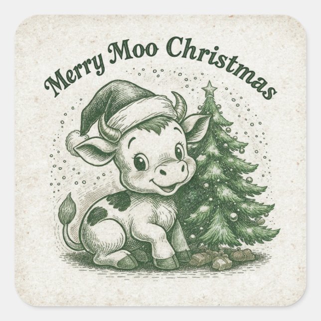 Merry Moo Christmas Square Sticker (Front)
