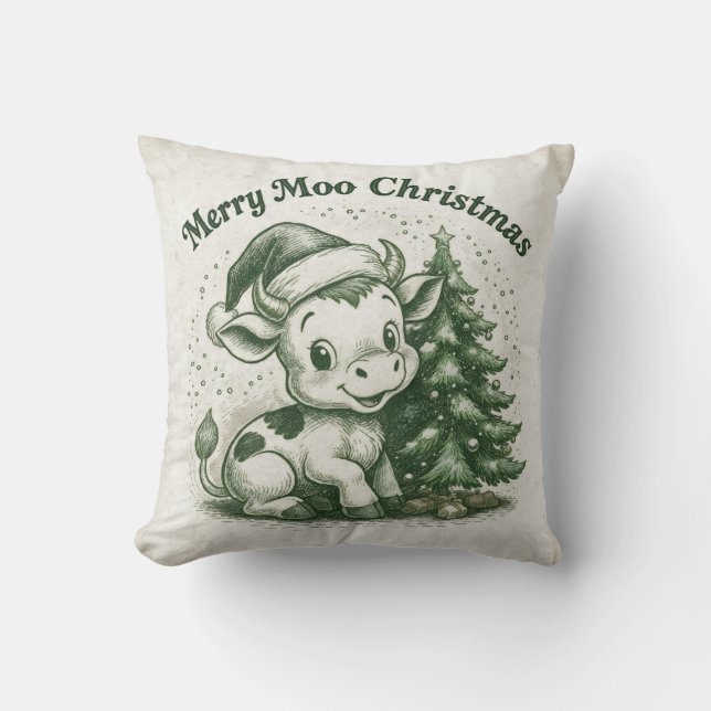 Merry Moo Christmas Throw Pillow (Front)