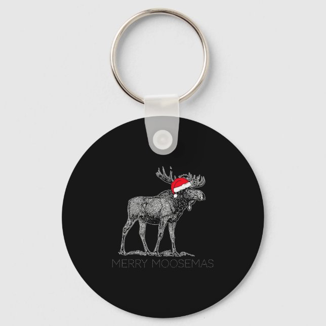 Merry Moosemas Christmas Moose With Santa Hat  Keychain (Front)