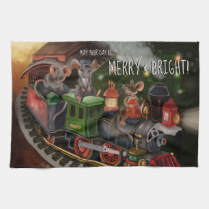 Merry Mouse Holiday Train Kitchen Towel