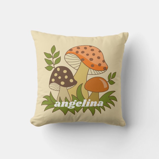 Merry Mushroom with Custom Name Throw Pillow (Front)