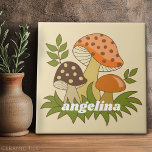 Merry Mushroom with Custom Name Tile<br><div class="desc">A fun design with funky mushrooms. A throwback design with avocado green,  brown and orange shades.</div>