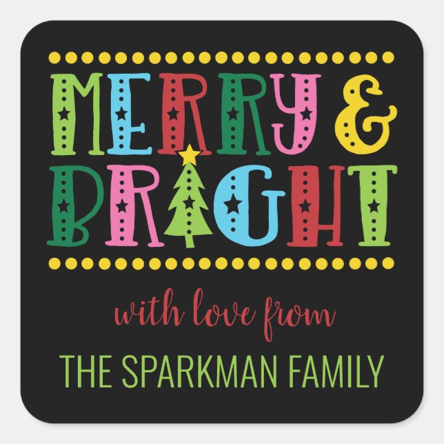Merry N Bright Colourful Cute Personalized Holiday Square Sticker (Front)