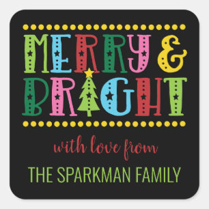 Merry N Bright Colourful Cute Personalized Holiday Square Sticker