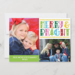 Merry n Bright Modern Family Photo Christmas Card<br><div class="desc">Brighten your friends and family's mail with this cute photo Christmas card. Features colourful quote: "Merry & Bright" in custom modern typography with star cutouts. Add 2 photos on front and 1 photo on the back. Click the PERSONALIZE option to add family name and year.</div>