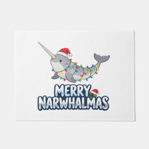 Merry Narwhalmas Wearing a Santa Hat Christmas Doormat