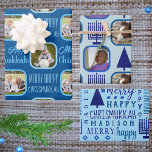 Merry Navy Interfaith Chrismukkah Assortment Wrapping Paper Sheet<br><div class="desc">Add this custom gift wrapping sheet assortment with your photos and a design theme of dark navy blue Menorahs and Christmas trees for a one of a kind personalized interfaith Chrismukkah celebration. Wrapping Paper Sheet One is set on a deep blue background with light blue typography text alternating with two...</div>