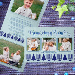 Merry Navy Interfaith Elegant Script 4 Photo Tri-Fold Holiday Card<br><div class="desc">Create your own 5 photo tri-fold holiday cards with this elegant modern navy and light Merry Happy Everything interfaith design. The horizontal design features three of your favourite pictures on the front, with rounded corners and bordered with a thin dark blue frame on a pastel blue background. Matching deep blue...</div>