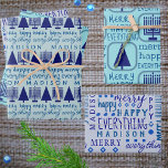 Merry Navy Interfaith Everything Add Childs Name Wrapping Paper Sheet<br><div class="desc">Add this MERRY HAPPY EVERYTHING personalized gift wrapping sheet assortment with your child's name and a typography design theme of dark blue mixed fonts and navy blue Menorahs and Christmas trees to your one of a kind personalized Hanukkah, Christmas or interfaith Chrismukkah celebration. Wrapping Paper Sheet One is set on...</div>