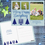 Merry Navy Interfaith Family Kids 3 Photo Holiday Postcard<br><div class="desc">A 3 photo collage holiday postcard template for you to personalize for elegant navy and pastel blue interfaith Merry Happy Everything holiday greetings makes it a breeze to create your own Chrismukkah postcards. The front of these chic navy and light blue photo postcards feature modern Christmas trees and a navy...</div>