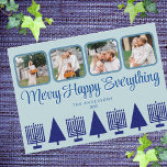 Merry Navy Interfaith Menorah Tree Cute 4 Photo Holiday Card<br><div class="desc">Personalize these 4 photo collage holiday cards in a simple navy blue and pastel blue Merry Happy Everything interfaith design. An elegant stylized script font in deep blue with a slight drop shadow in white adds interest and the row of five navy blue Menorahs and four matching Christmas trees makes...</div>