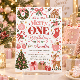 Merry ONE Pink Christmas First Birthday Girl Invitation