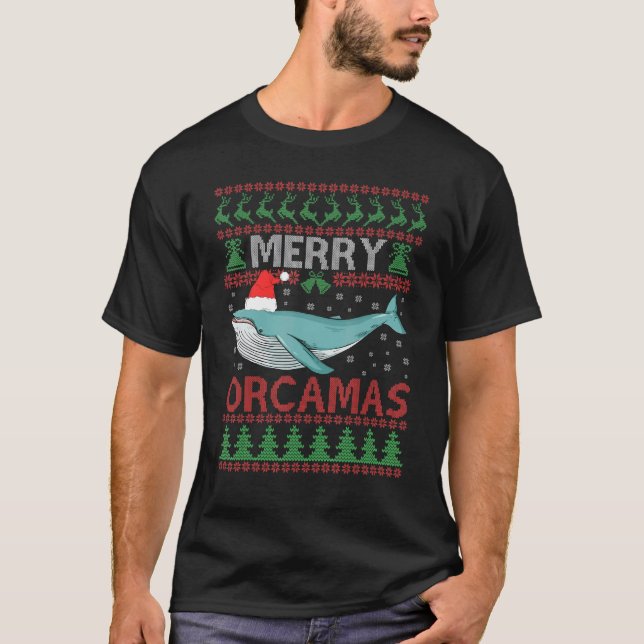 Merry Orcamas Santa Hat Killer Whale Ugly Xmas Swe T-Shirt (Front)