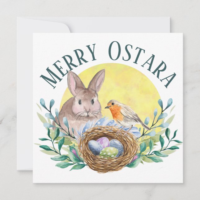 Merry Ostara Spring Bunny & Bird Nest Holiday Card (Front)
