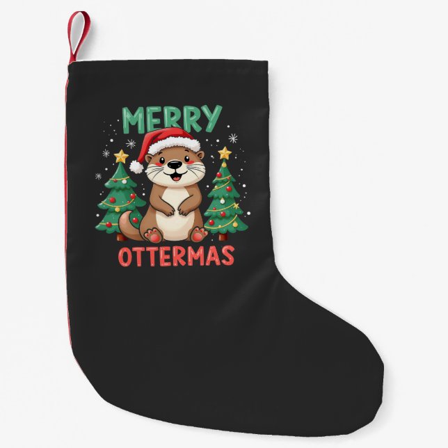 Merry Ottermas Funny Otter Animal Christmas Lovers Small Christmas Stocking (Front)