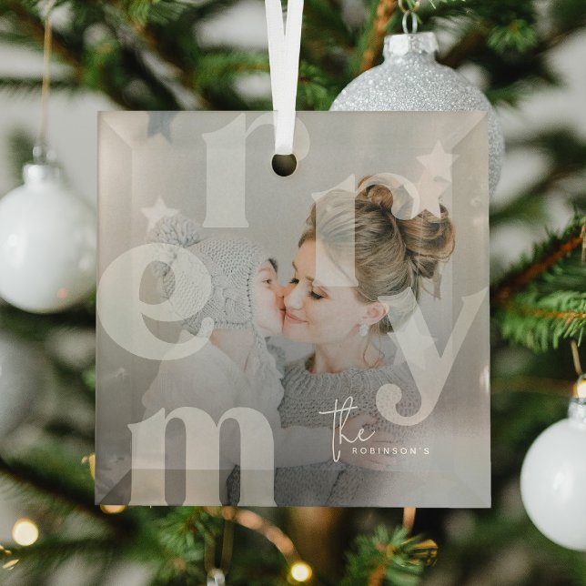 MERRY Overlay Typography' Photo Christmas Glass Ornament (Creator Uploaded)