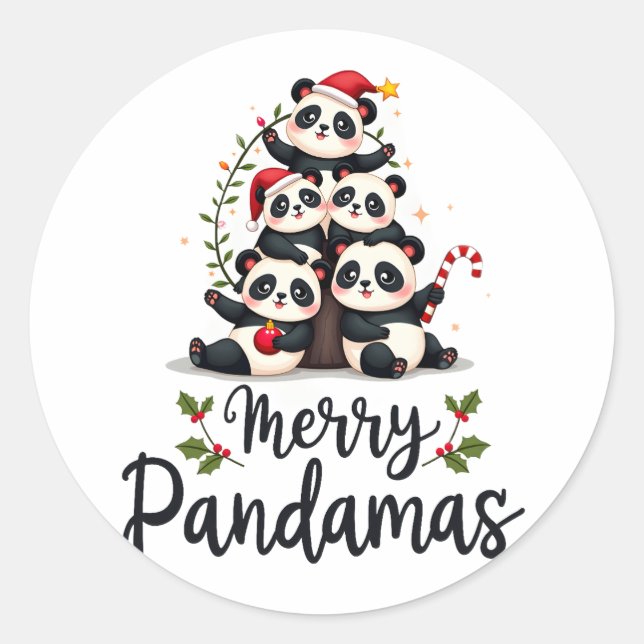 Merry Pandamas Pun Panda Christmas (2) Classic Round Sticker (Front)
