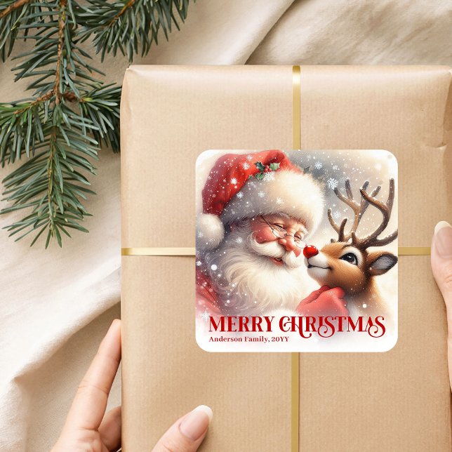 Merry Personalized Santa and Rudolph Christmas   Square Sticker (Merry Personalized Santa and Rudolph Christmas Sticker)