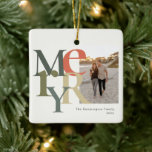 Merry Photo Christmas Teal Orange Ceramic Ornament<br><div class="desc">These 2.75" x 2.75" Christmas holiday ornaments feature a placeholder for your favourite photo,  name and year. The letters in the word,  Merry are large and in different colours of sage and orange on an ivory background.

Made of white porcelain,  Full-colour,  full-bleed printing,  Printing on both sides.</div>