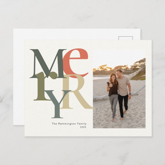 Merry Photo Christmas Teal Orange Holiday Postcard (Front/Back)