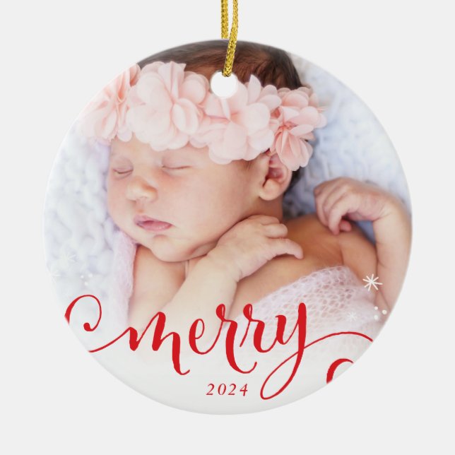 MERRY PHOTO family fun calligraphy overlay red Ceramic Ornament (Front)