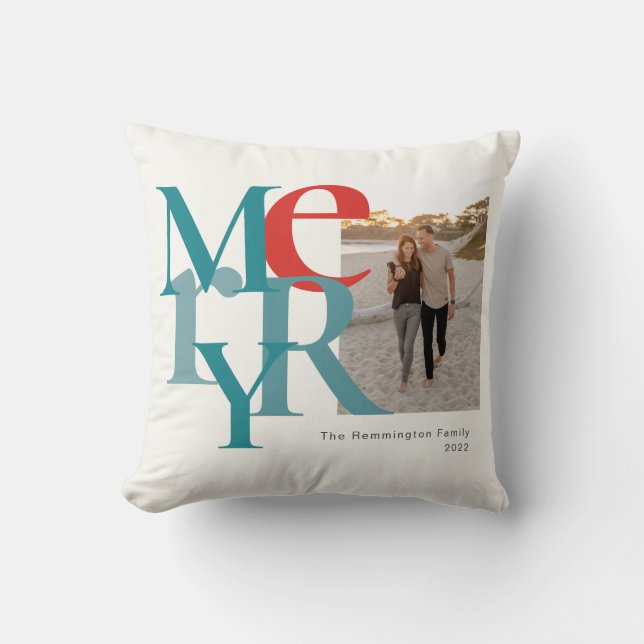 Merry Photo Simple Flat Teal Red Throw Pillow (Front)