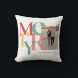 Merry Photo Simple Red Green Yellow Throw Pillow<br><div class="desc">These 16" x 16" Christmas holiday ornaments feature a placeholder for your favourite photo,  name and year. The letters in the word,  Merry are large and in different colours of red,  green and yellow on an ivory background.</div>