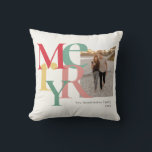 Merry Photo Simple Red Green Yellow Throw Pillow<br><div class="desc">These 16" x 16" Christmas holiday ornaments feature a placeholder for your favourite photo,  name and year. The letters in the word,  Merry are large and in different colours of red,  green and yellow on an ivory background.</div>