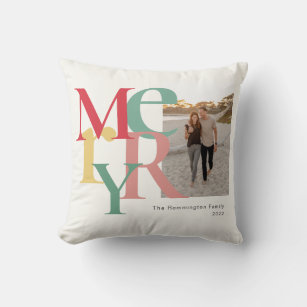 Merry Photo Simple Red Green Yellow Throw Pillow