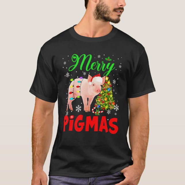 Merry Pigmas Cute Christmas Lights Santa Pig Farme T-Shirt (Front)