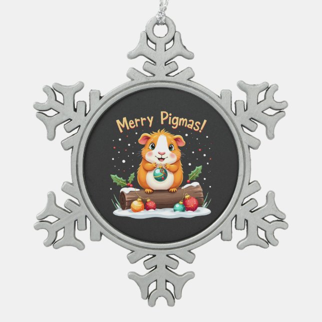 Merry Pigmas Guinea Pig Christmas Santa  Snowflake Pewter Christmas Ornament (Front)