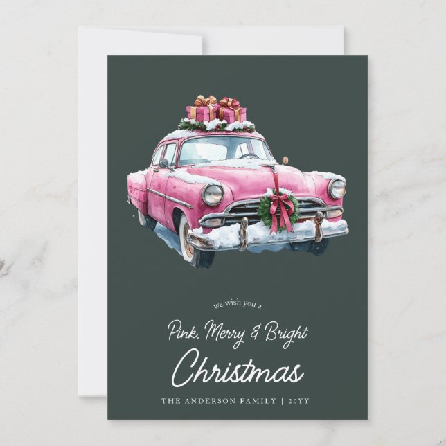 Merry Pink Christmas car retro watercolor Holiday Card (Front)