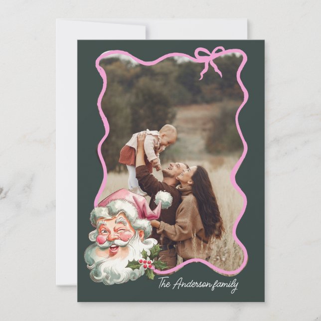 Merry Pink Christmas Santa retro Photo Holiday Card (Front)
