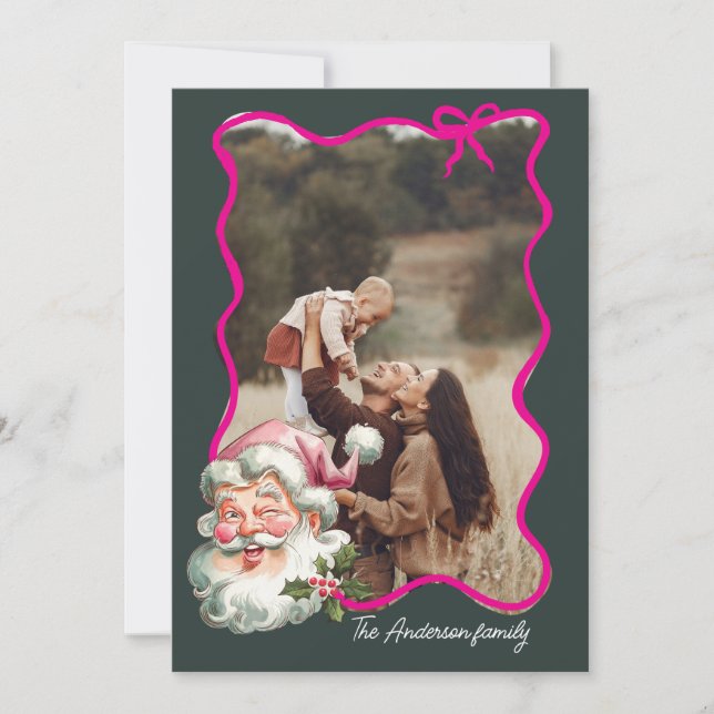 Merry Pink Christmas Santa retro Photo Holiday Card (Front)