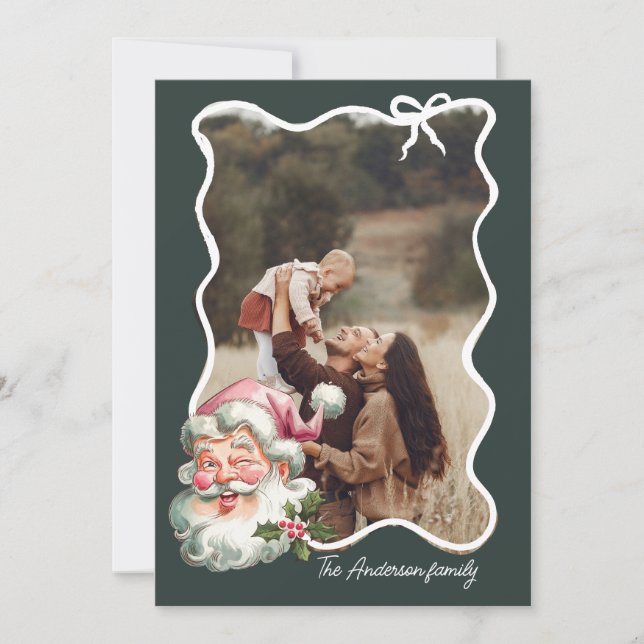 Merry Pink Christmas Santa retro Photo Holiday Card (Front)