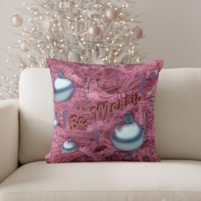 Merry Pink Christmas Tree Festive Throw Pillow (Be Merry this holiday season with this pretty pink Christmas tree throw pillow!)
