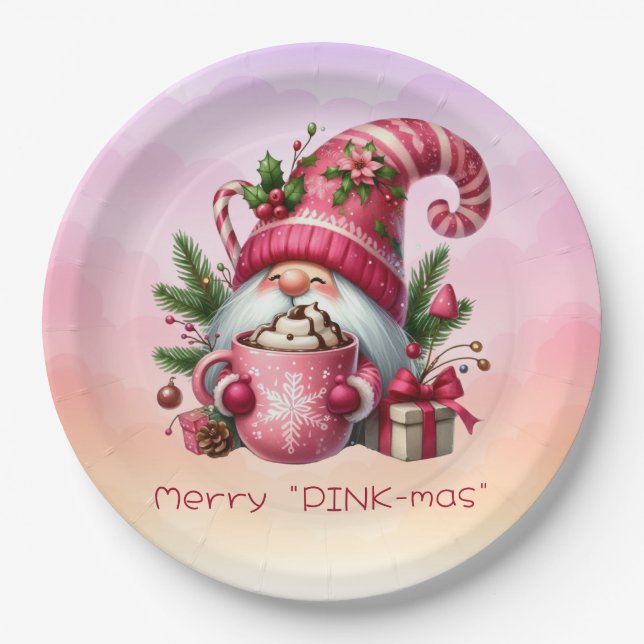 Merry "PINK-mas" Christmas Pink Gnome Hot Chocolat Paper Plate (Front)