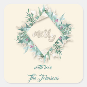 Merry Pink Name Mint Green Ivory Holidays Wreath Square Sticker