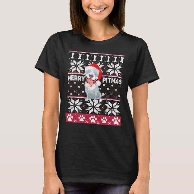 Merry Pitbull Pitmas Pit Bull Ugly Christmas Dog S T-Shirt (Front)