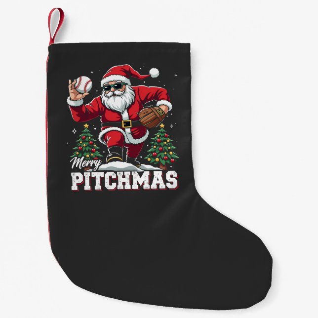 Merry Pitchmas Christmas Santa Baseball Lover  Small Christmas Stocking (Front)