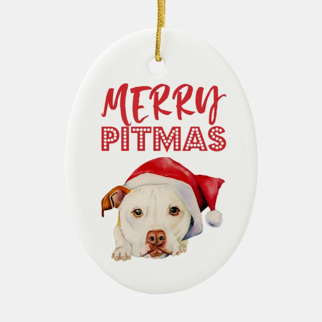 Merry Pitmas | Cute Santa Pit Bull Terrier Dog Ceramic Ornament (Front)