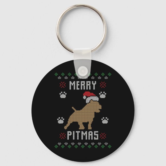 Merry Pitmas Funny Ugly Christmas Sweater Pit Bull Keychain (Front)