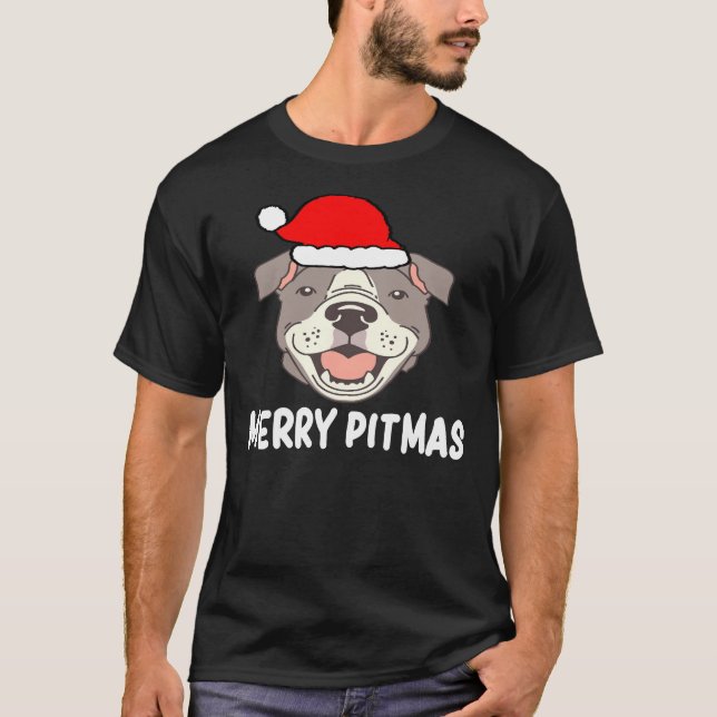 Merry Pitmas Pit Bull Santa Hats Christmas Dog Lov T-Shirt (Front)