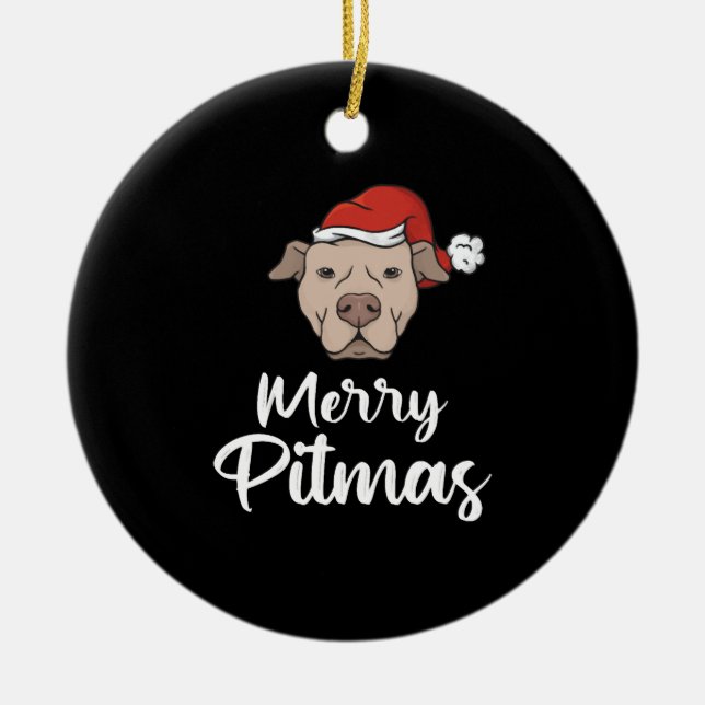 Merry Pitmas Pitbull Christmas Ceramic Ornament (Front)