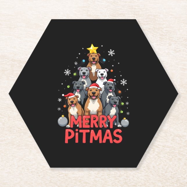 Merry Pitmas Pitbull Dog Ugly Christmas Sweater Tr Paper Coaster (Front)