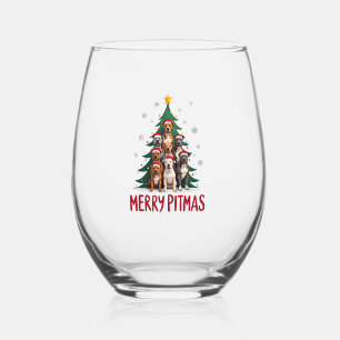 Merry Pitmas Pitbull Dog Ugly Christmas Sweater Tr Stemless Wine Glass