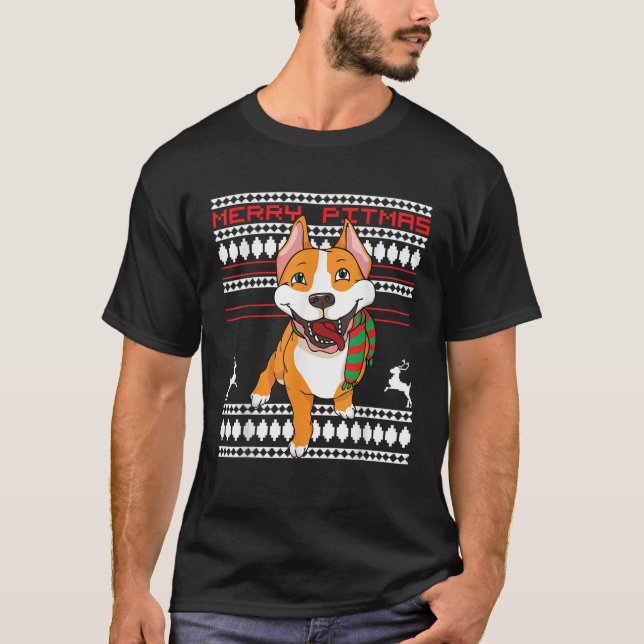 Merry Pitmas Pitbull Santa Claus Dog Ugly Christma T-Shirt (Front)
