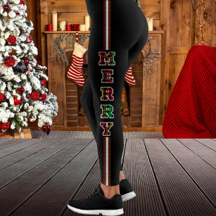 Merry Plaid & Leopard Print Side Stripe Christmas  Leggings