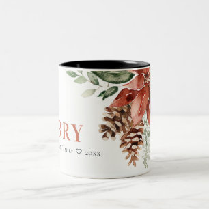 Merry Poinsettia Bunch Watercolor Pine Christmas Two-Tone Coffee Mug