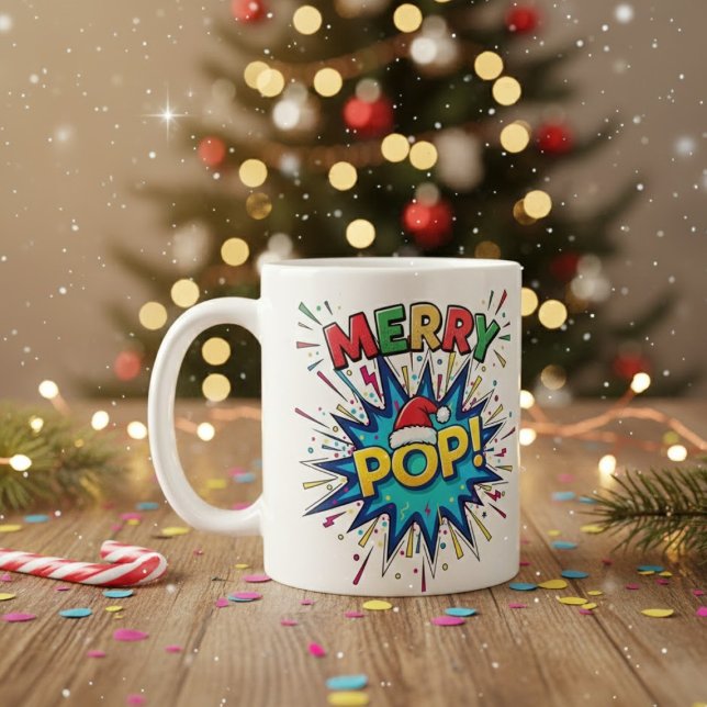 Merry Pop: Vibrant Comic Art Christmas Mug with Sa (Creator Uploaded)